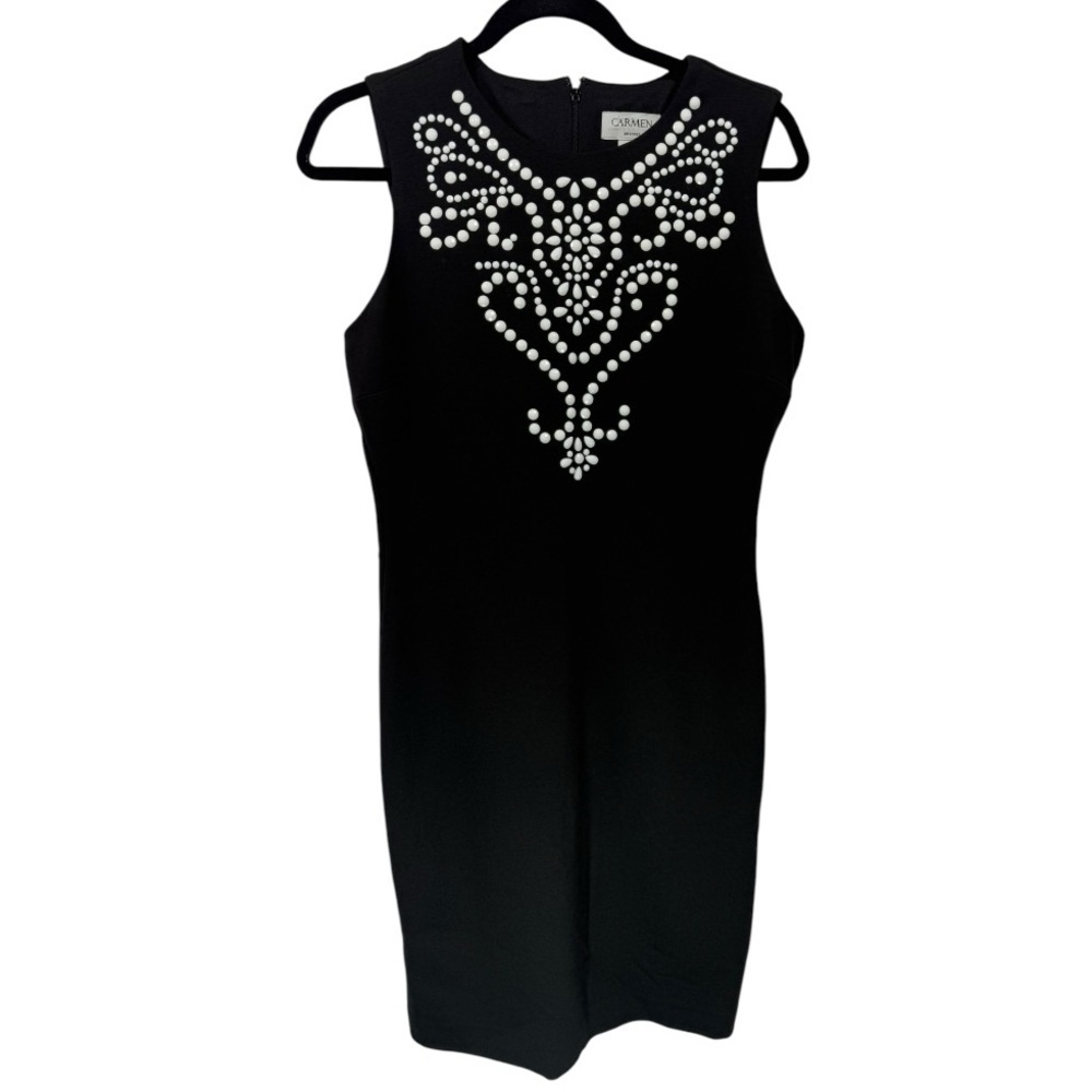 Carmen Marc Valvo Womens Black Ponte Sleeveless Beaded Sheath Dress Size Medium